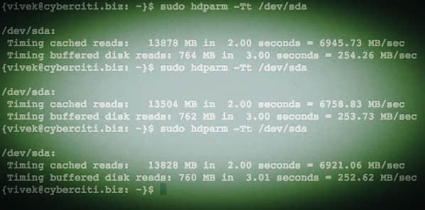 Fig.02: Linux hdparm command to test reading and caching disk performance
