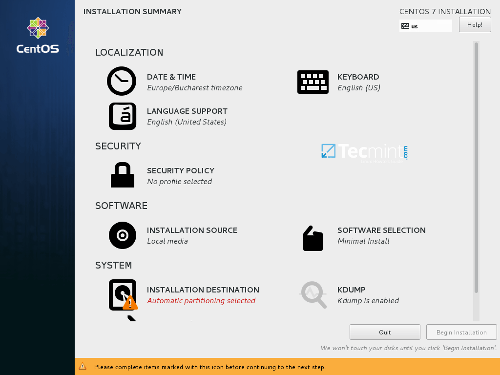 CentOS 7.3 Installation Summary