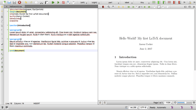 The finished document with code and the PDF output side-by-side The finished document with code and the PDF output side-by-side