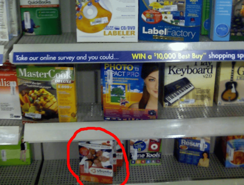 Ubuntu box packaging on a Best Buy shelf Ubuntu box packaging on a Best Buy shelf