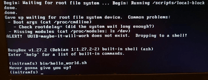 Rescue shell and a custom <code>initrd</code>. Rescue shell and a custom <code>initrd</code>.
