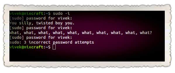 当输入错误密码时,你会被一个有趣的的 sudo 嘲讽语戏弄。