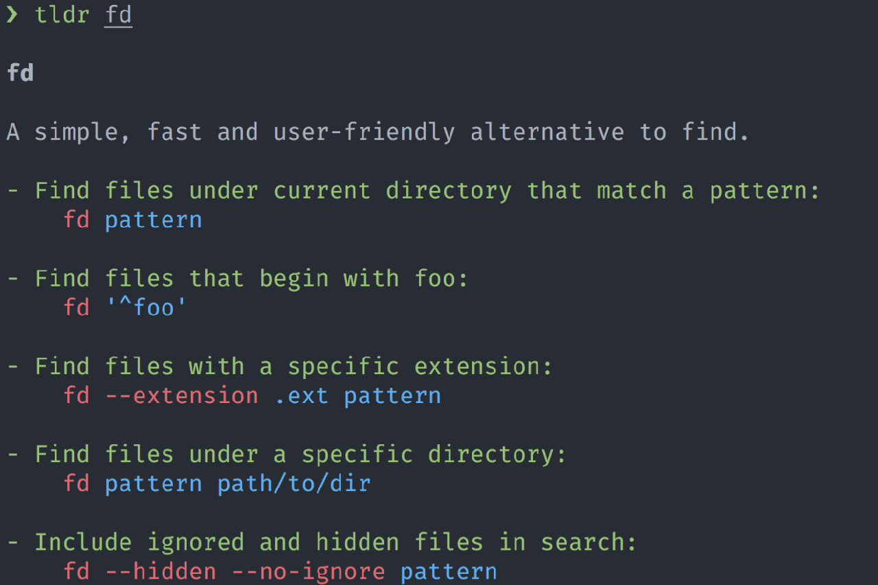 Sample tldr output for fd TLDR output for 'fd'