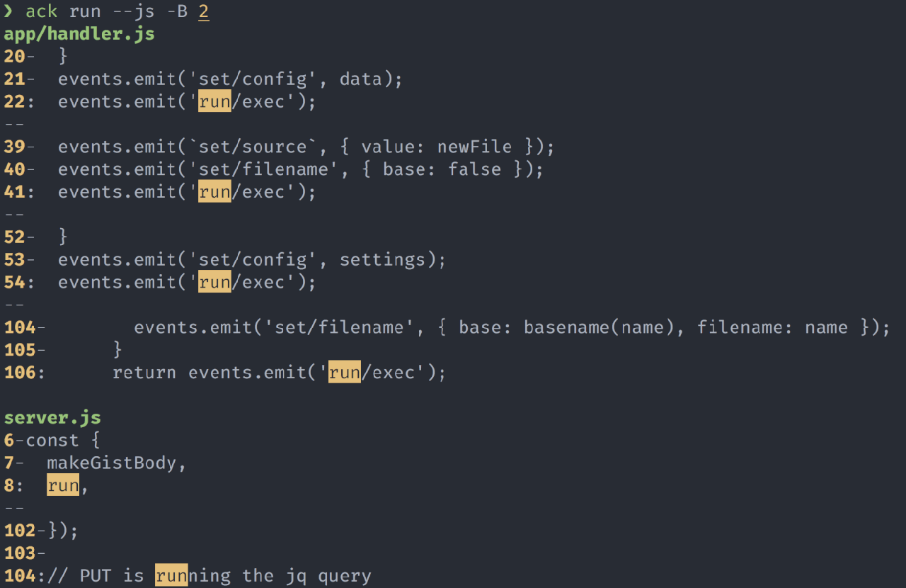 Sample ack output with grep args ack in action