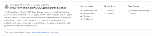 The University of Illinois/NCSA open source license. The University of Illinois/NCSA open source license.