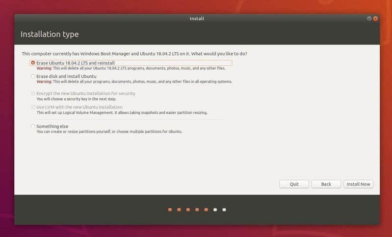 Reinstall Ubuntu option in dual boot mode