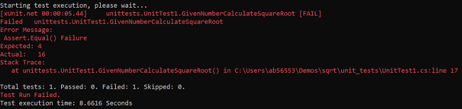 xUnit output after the unit test run fails 单元测试失败后xUnit的输出结果