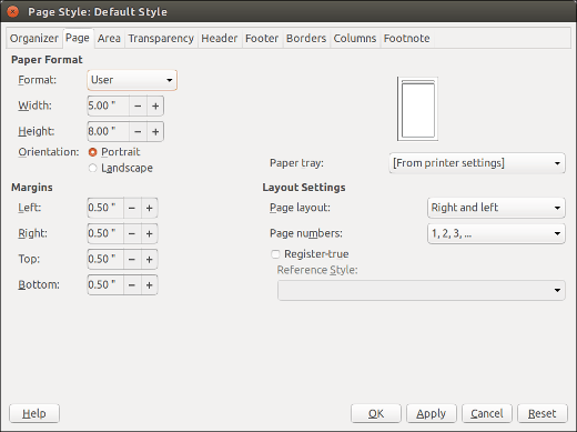 LibreOffice Page Style window LibreOffice Page Style window