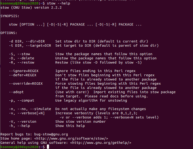 Stow help screen Stow help screen