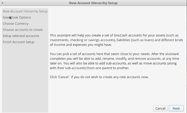 GnuCash new account setup GnuCash new account setup