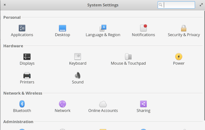 Elementary OS's Settings screen Elementary OS 的设置界面