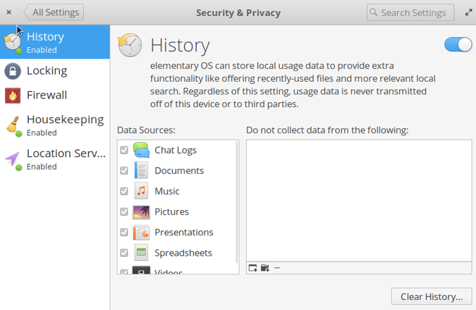Elementary OS's Privacy and Security screen Elementary OS 的隐私与安全
