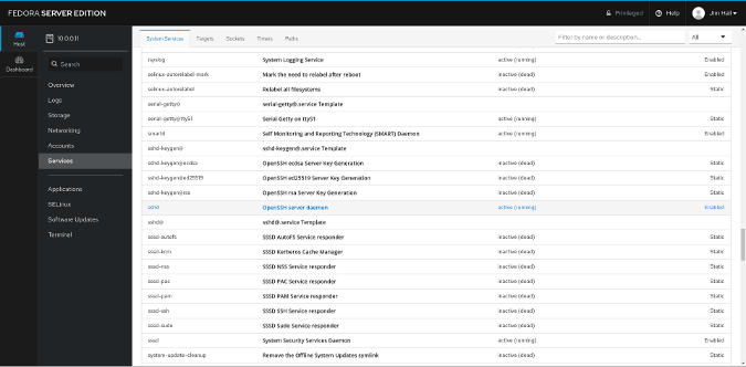 sshd in the list of system services sshd in the list of system services