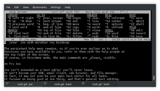 Black terminal with white text showing WordStar key bindings Black terminal with white text showing WordStar key bindings