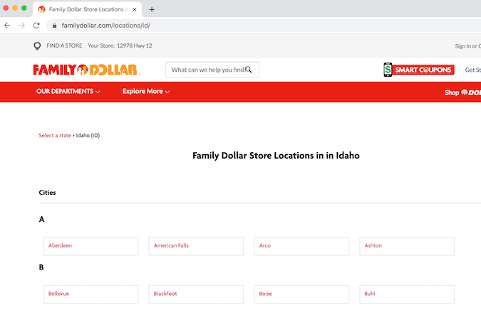 Family Dollar Idaho locations page 爱达荷州 Family Dollar 所在地页面