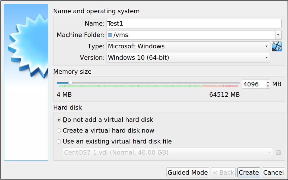 VirtualBox 对话框:创建新的虚拟机,但不添加硬盘