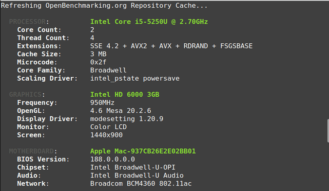 MacBook Phoronix Test Suite output MacBook Phoronix Test Suite output