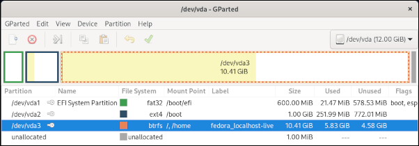 GParted's view of Btrfs on Fedora 33 Workstation using GParted GParted's view of Btrfs on Fedora 33 Workstation using GParted