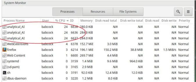 System Monitor Processes panel 系统监控进程面板