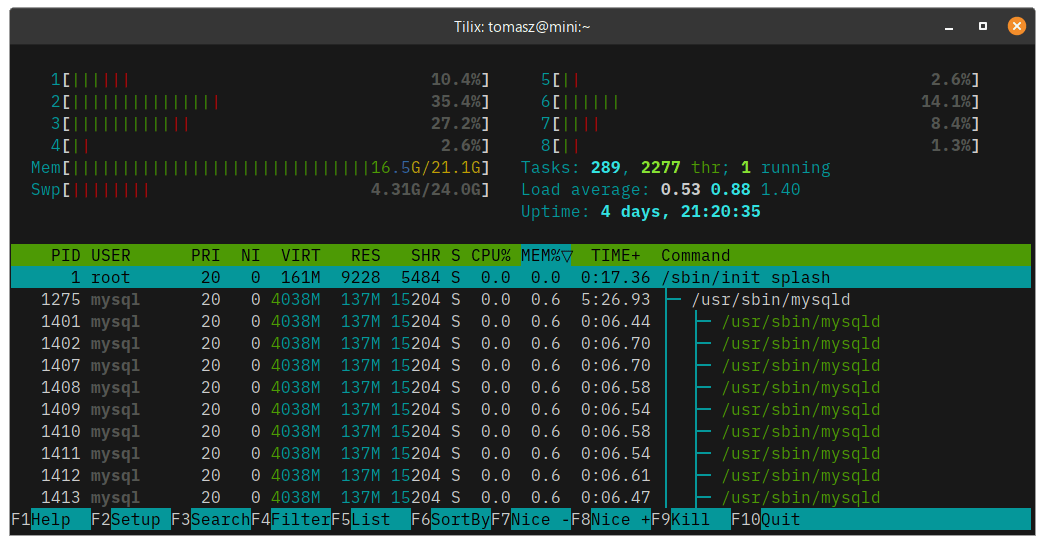 Memory usage using htop Memory usage using htop