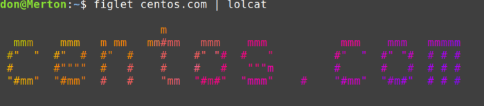 Figlet with lolcat effects 用 lolcat 将 “centos.com” 的文字横幅渲染成彩虹色