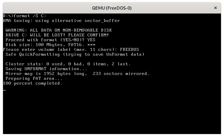 Format the partition to create the DOS filesystem formatting the disk
