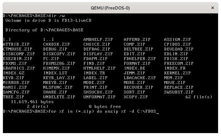 Unzip all of the Base packages to finish installing FreeDOS installing the software