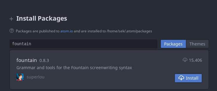 Install a Fountain plugin for Atom 为 Atom 安装一个 Fountain 插件 (Seth Kenlon, CC BY-SA 4.0)