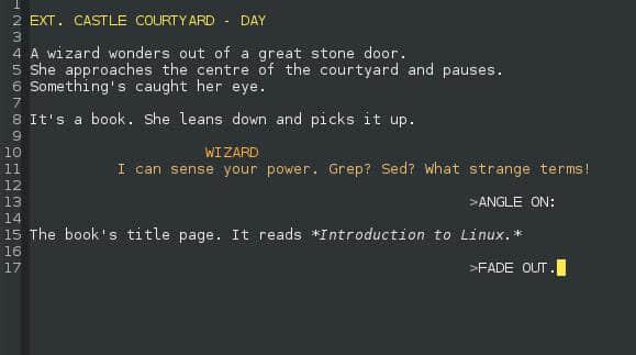 Fountain-mode in Emacs Emacs 中的 Fountain 模式 (Seth Kenlon, CC BY-SA 4.0)