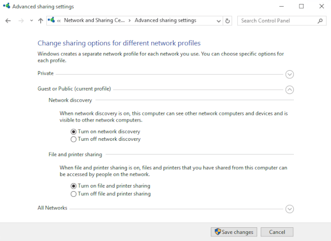 Network sharing settings 网络共享设置
