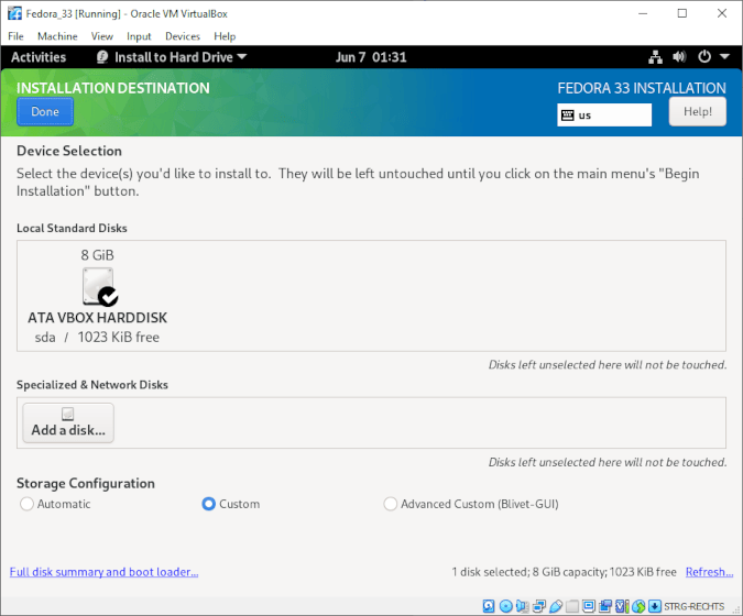 Selecting Custom partition configuration Selecting Custom partition configuration