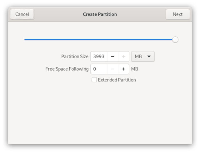 Creating a new partition and setting size Creating a new partition and setting size