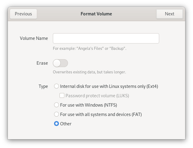 Selecting \"other\" for partition volume type Selecting "other" for partition volume type