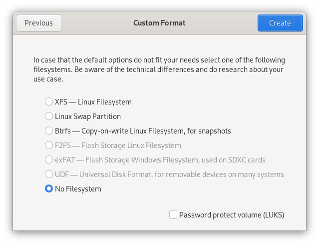Setting \"No filesystem\" on new partition Setting "No filesystem" on new partition