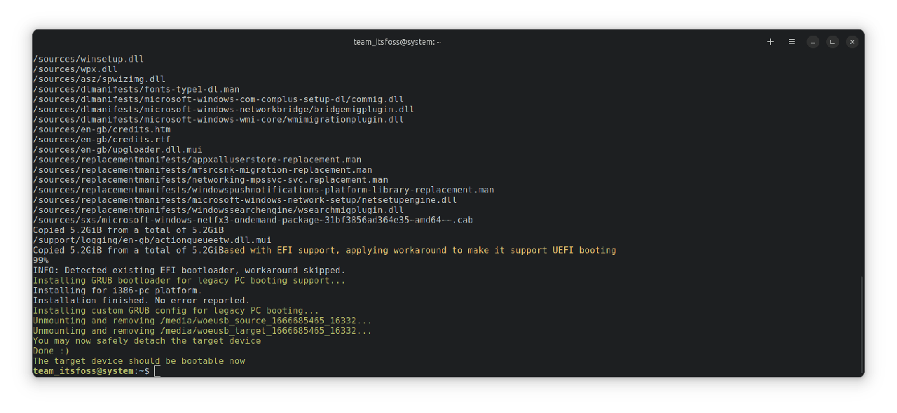 woeusb commandline success message
