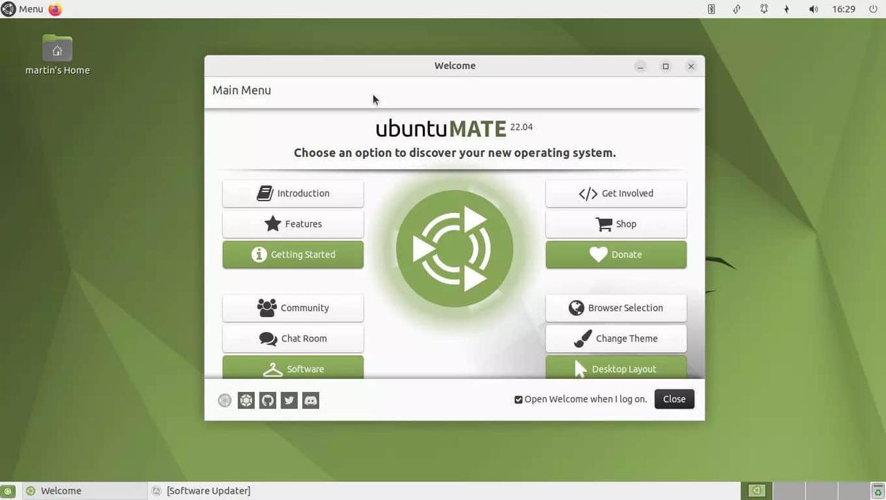 Ubuntu MATE 截图,欢迎屏幕提供了各种选项,以获得良好的开机体验
