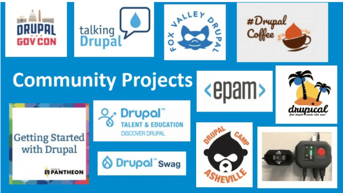 一张幻灯片,上面展示了许多 Drupal 社区项目徽标,包括区域性 Drupal 聚会、Drupal 咖啡、Drupal 人才和教育, 表明参与社区项目有着大量和广泛的机会。