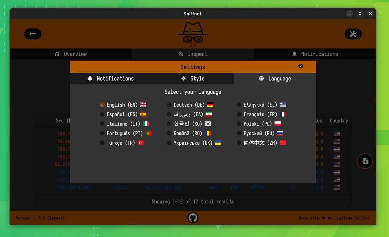 a screenshot of the language settings on sniffnet