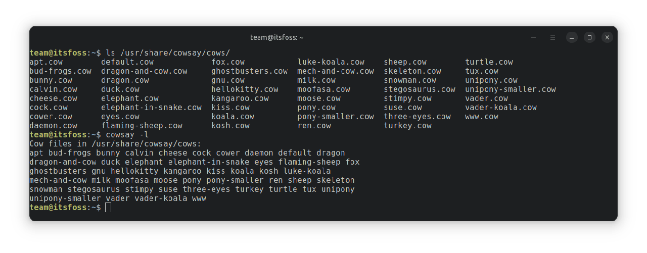 使用 "ls /usr/share/cowsay/cows/" 和 "cowsay -l" 列出的各种默认 cowsay 图像