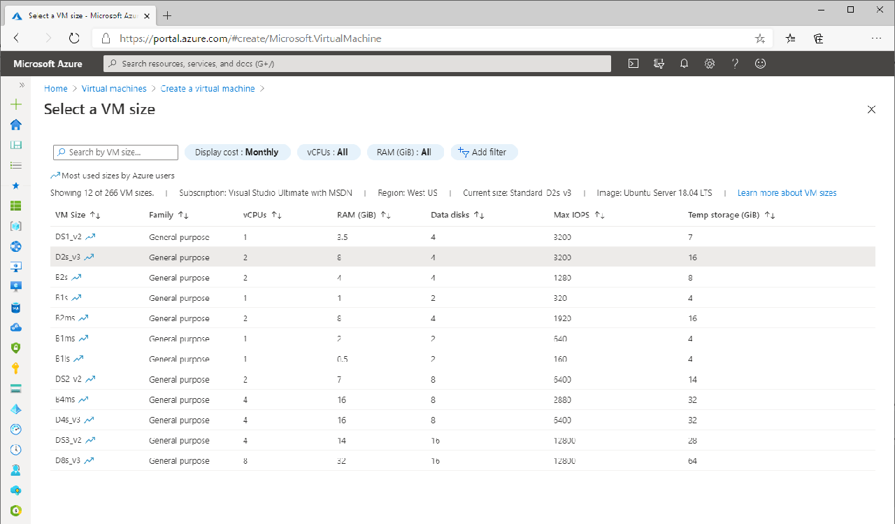 Select Linux VM size on Azure screenshot